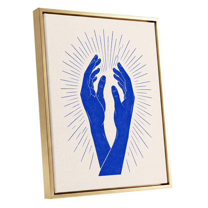 Cobalt Radiance, blue, beige, white minimalist wall art shown as a gold framed canvas wall art