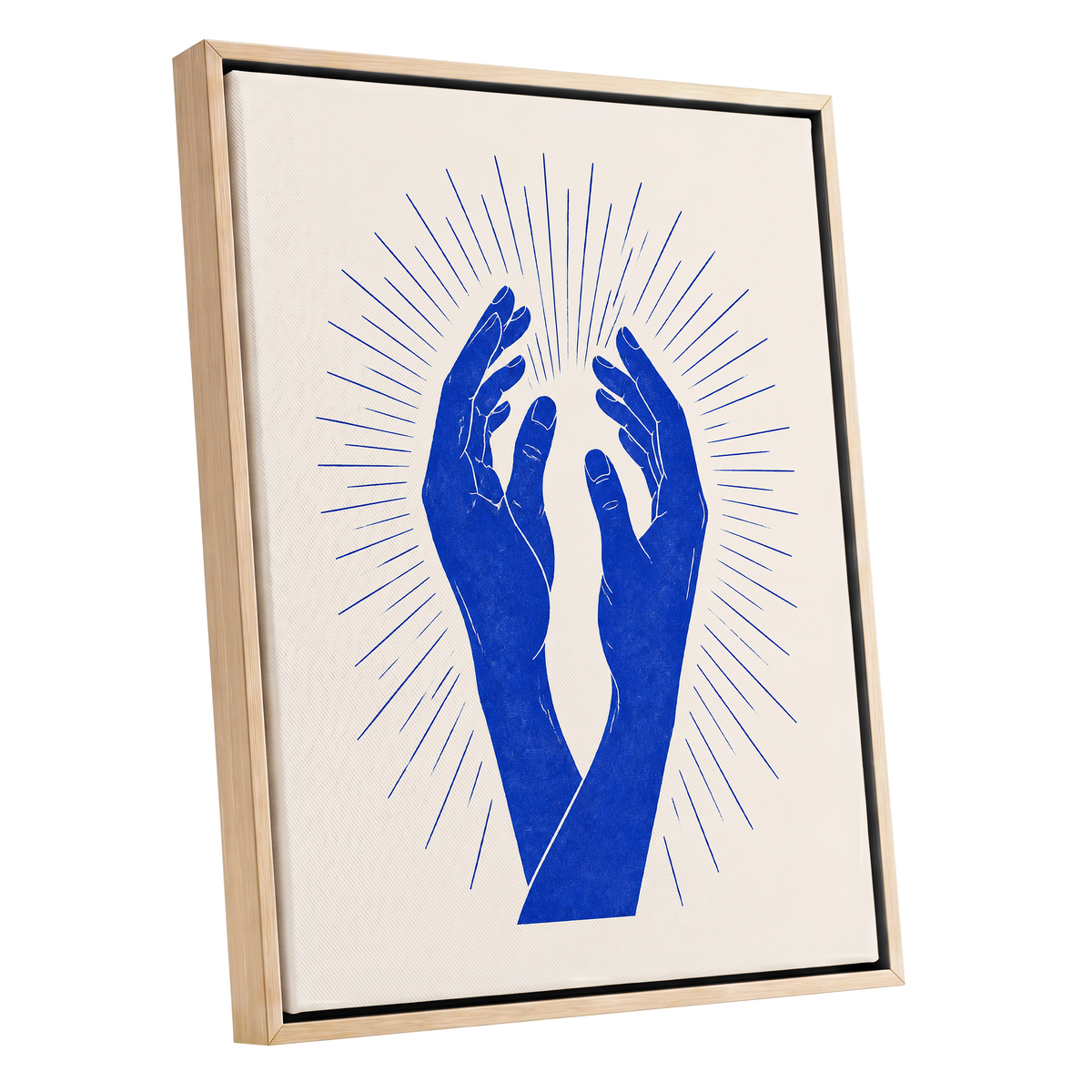 Cobalt Radiance, blue, beige, white minimalist wall art shown as a oak framed canvas wall art