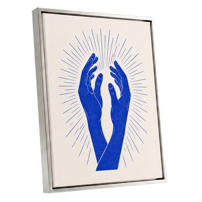 Cobalt Radiance, blue, beige, white minimalist wall art shown as a silver framed canvas wall art