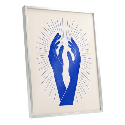 Cobalt Radiance, blue, beige, white minimalist wall art shown as a silver framed poster wall art print