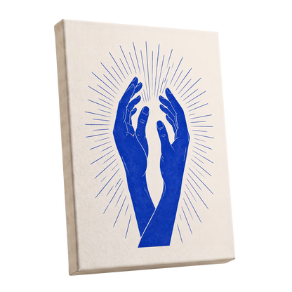 Cobalt Radiance, blue, beige, white minimalist wall art shown as a stretched canvas wall art