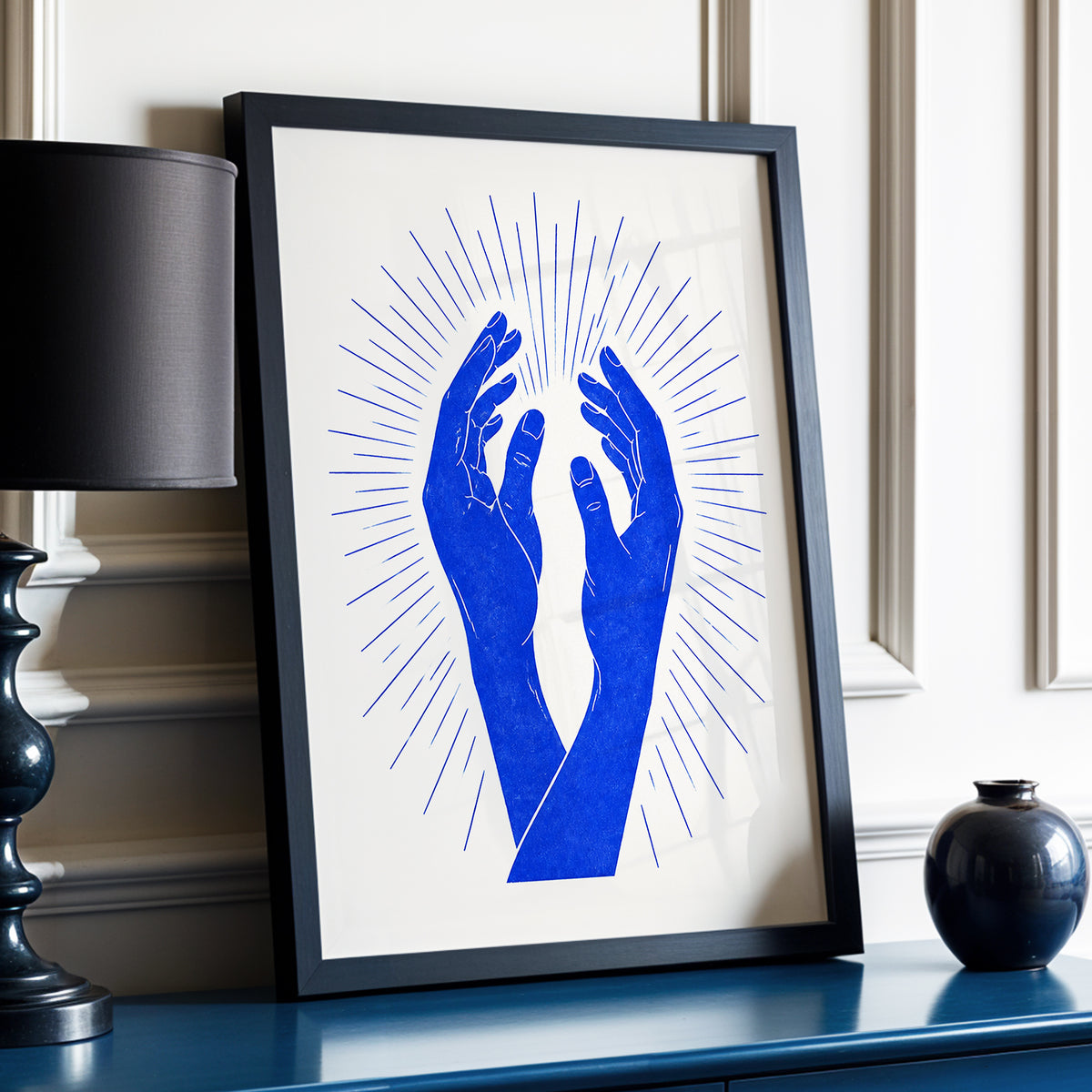 Cobalt Radiance, blue, beige, white minimalist wall art displayed in a styled interior, gallery view 2