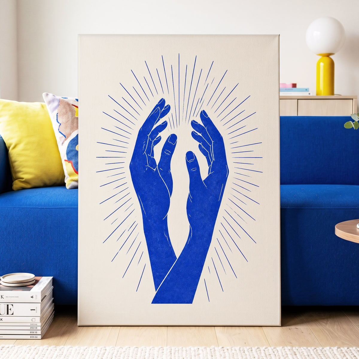 Cobalt Radiance, blue, beige, white minimalist wall art displayed in a styled interior, gallery view 3