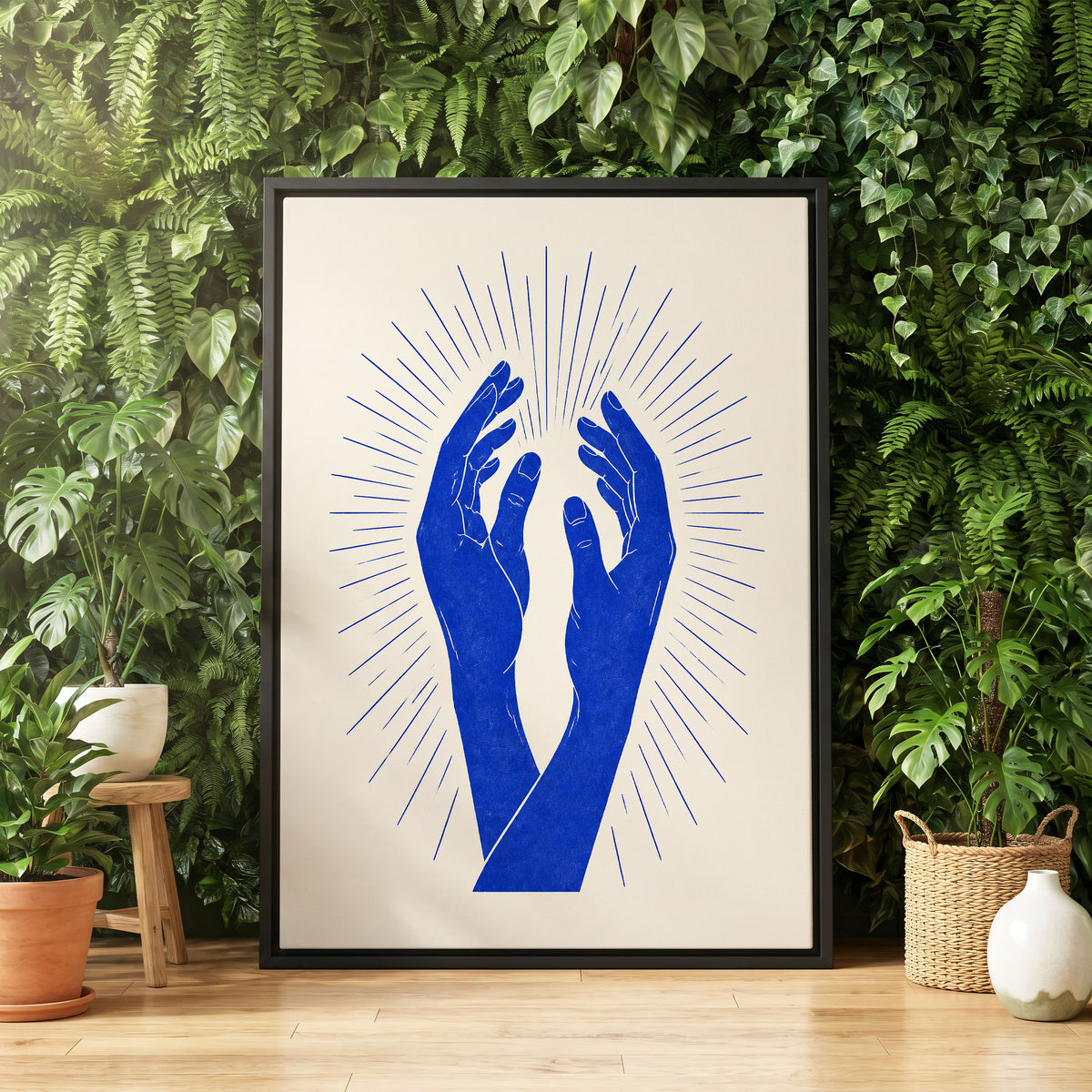 Cobalt Radiance, blue, beige, white minimalist wall art displayed in a styled interior, gallery view 4