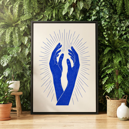 Cobalt Radiance, blue, beige, white minimalist wall art displayed in a styled interior, gallery view 4