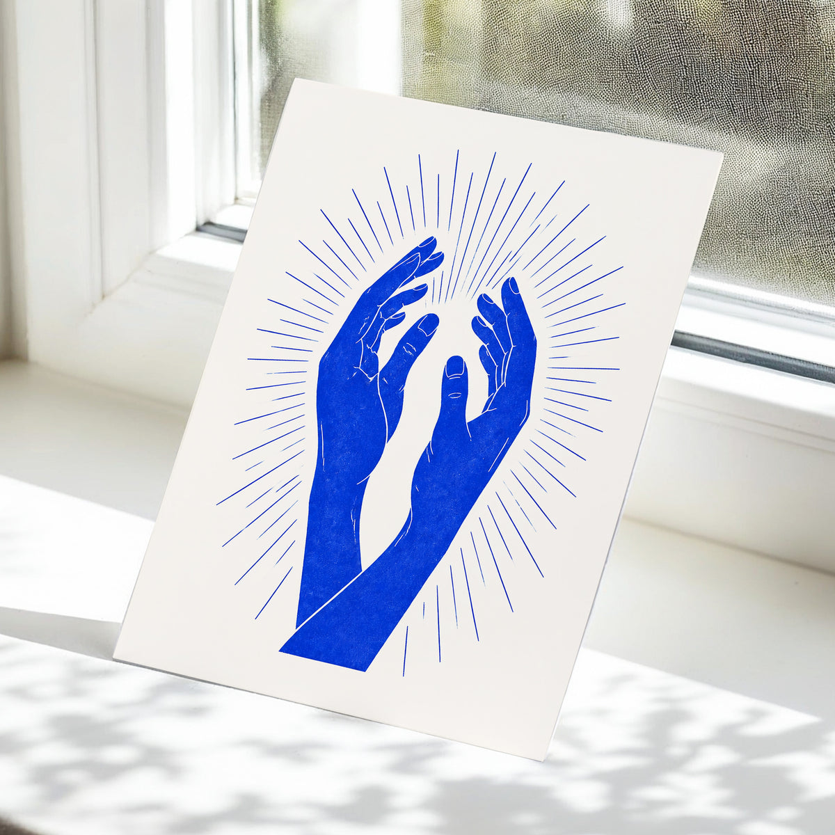 Cobalt Radiance, blue, beige, white minimalist wall art displayed in a styled interior, gallery view 5