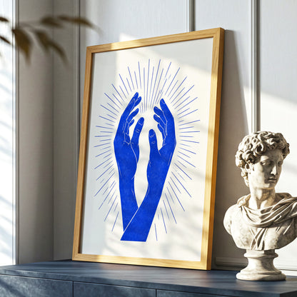 Cobalt Radiance, blue, beige, white minimalist wall art displayed in a styled interior, gallery view 6