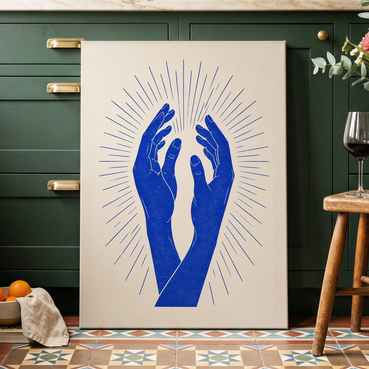 Cobalt Radiance, blue, beige, white minimalist wall art displayed in a styled interior, gallery view 7