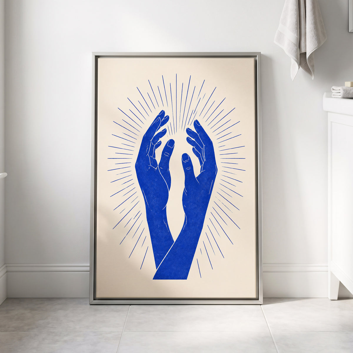 Cobalt Radiance, blue, beige, white minimalist wall art displayed in a styled interior, gallery view 8