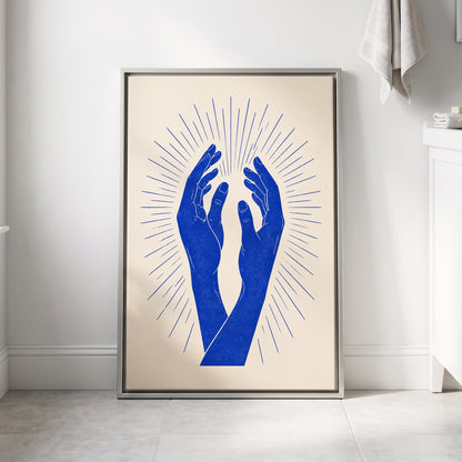Cobalt Radiance, blue, beige, white minimalist wall art displayed in a styled interior, gallery view 8
