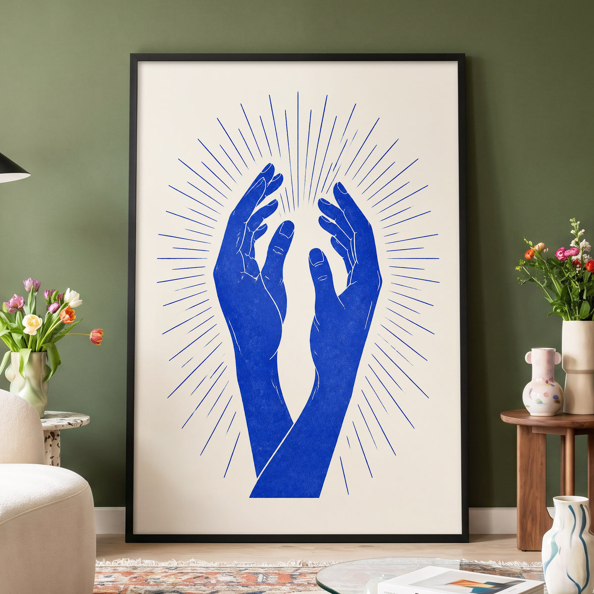 Cobalt Radiance, blue, beige, white minimalist wall art displayed in a styled interior, gallery view 9