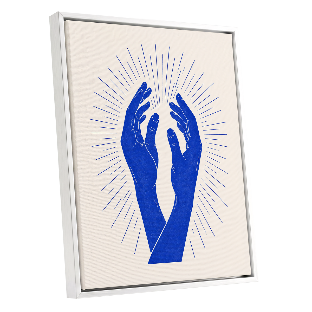 Cobalt Radiance, blue, beige, white minimalist wall art shown as a white framed canvas wall art