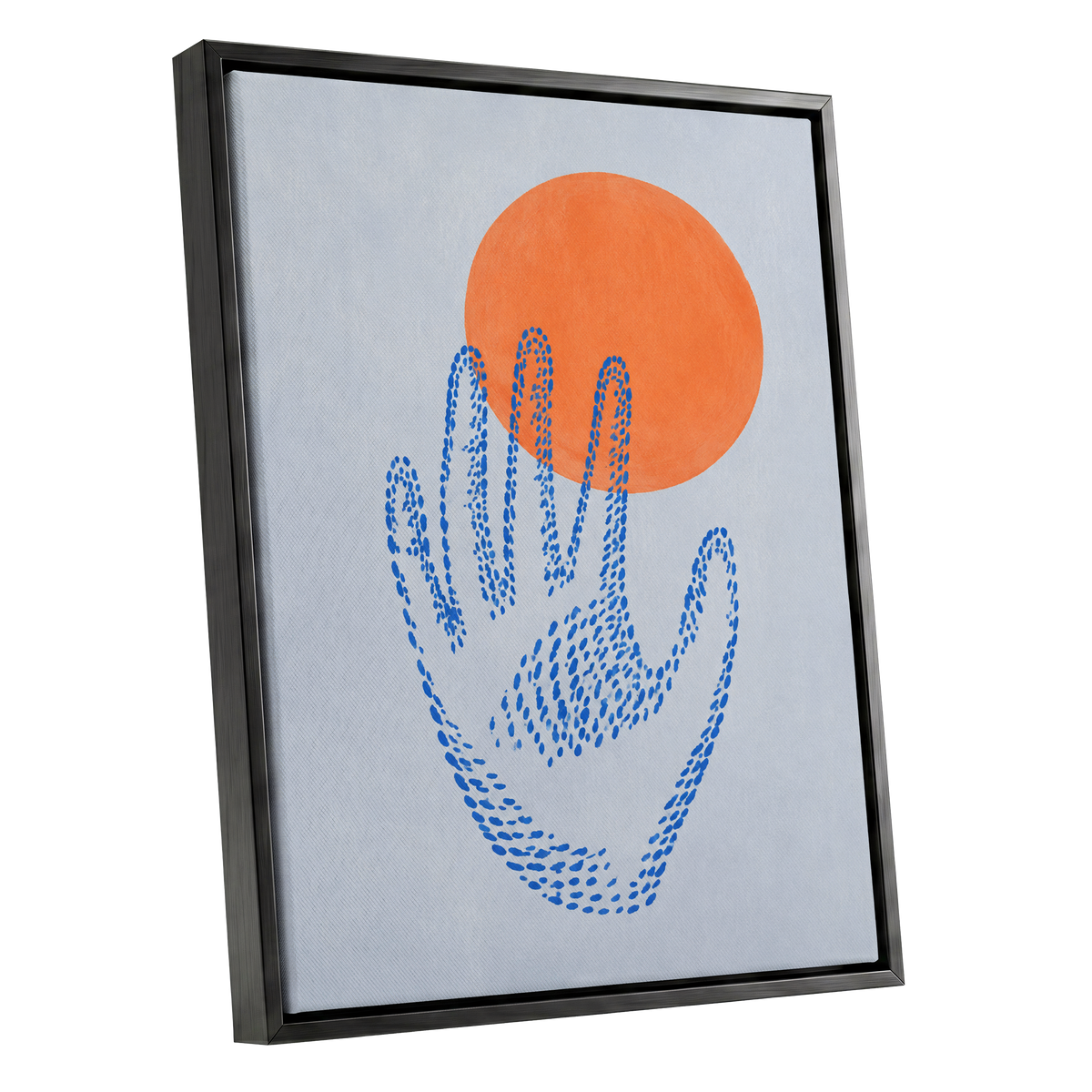 Cobalt Reach, blue, orange, gray minimalist wall art shown as a black framed canvas wall art