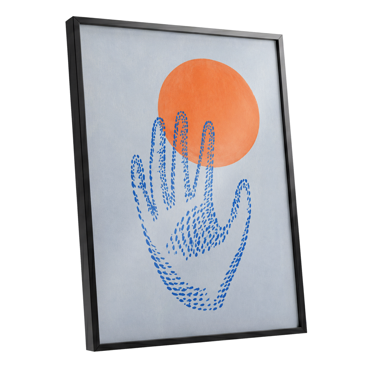 Cobalt Reach, blue, orange, gray minimalist wall art shown as a black framed poster wall art print