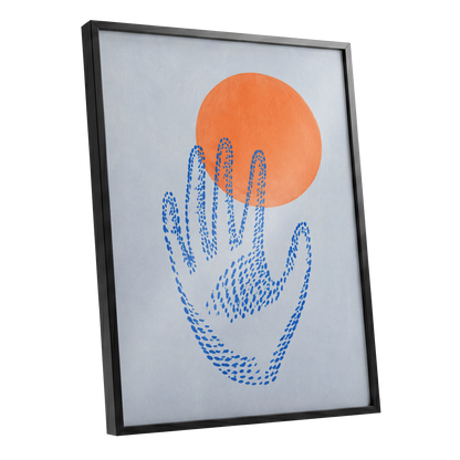 Cobalt Reach, blue, orange, gray minimalist wall art shown as a black framed poster wall art print