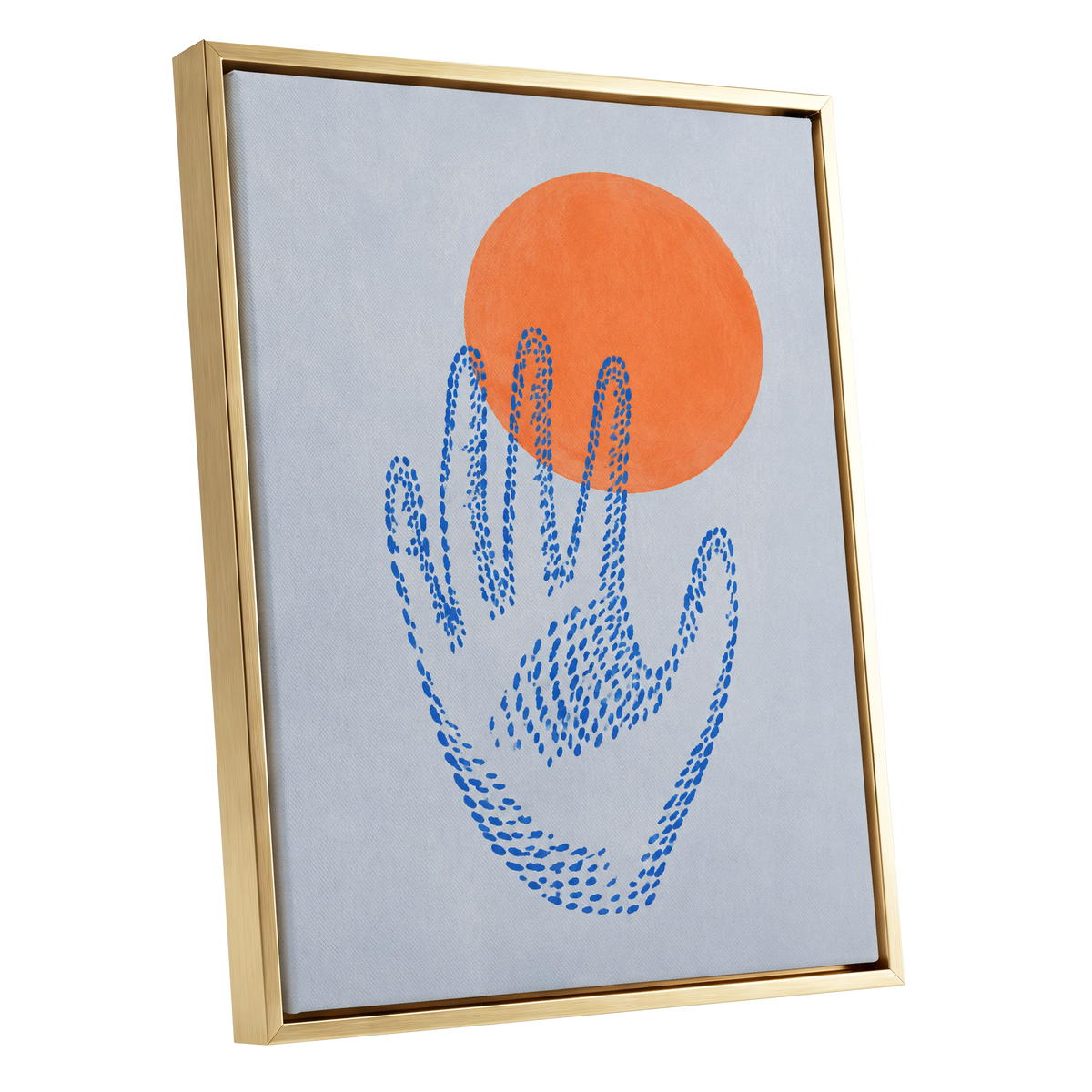 Cobalt Reach, blue, orange, gray minimalist wall art shown as a gold framed canvas wall art