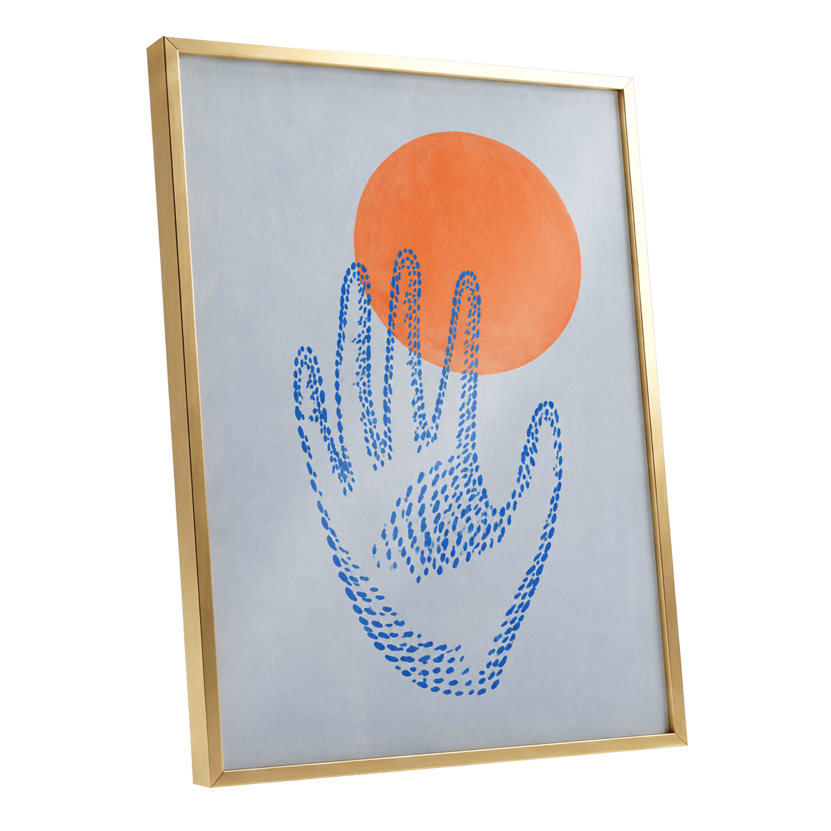 Cobalt Reach, blue, orange, gray minimalist wall art shown as a gold framed poster wall art print