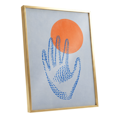 Cobalt Reach, blue, orange, gray minimalist wall art shown as a gold framed poster wall art print