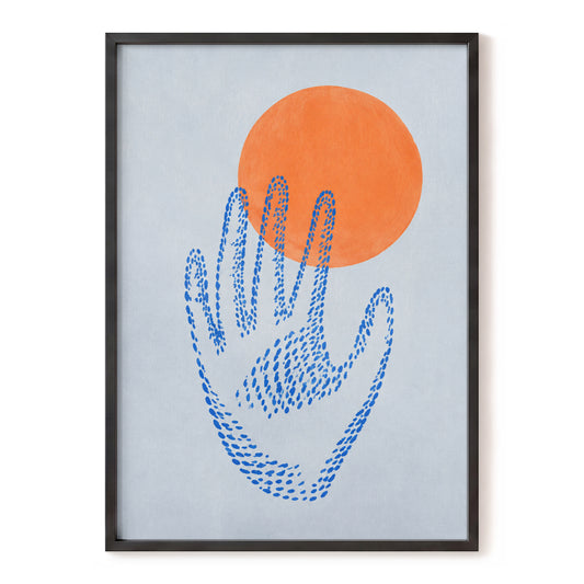 Cobalt Reach, blue, orange, gray minimalist wall art, front artwork view