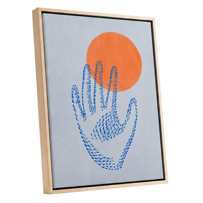Cobalt Reach, blue, orange, gray minimalist wall art shown as a oak framed canvas wall art