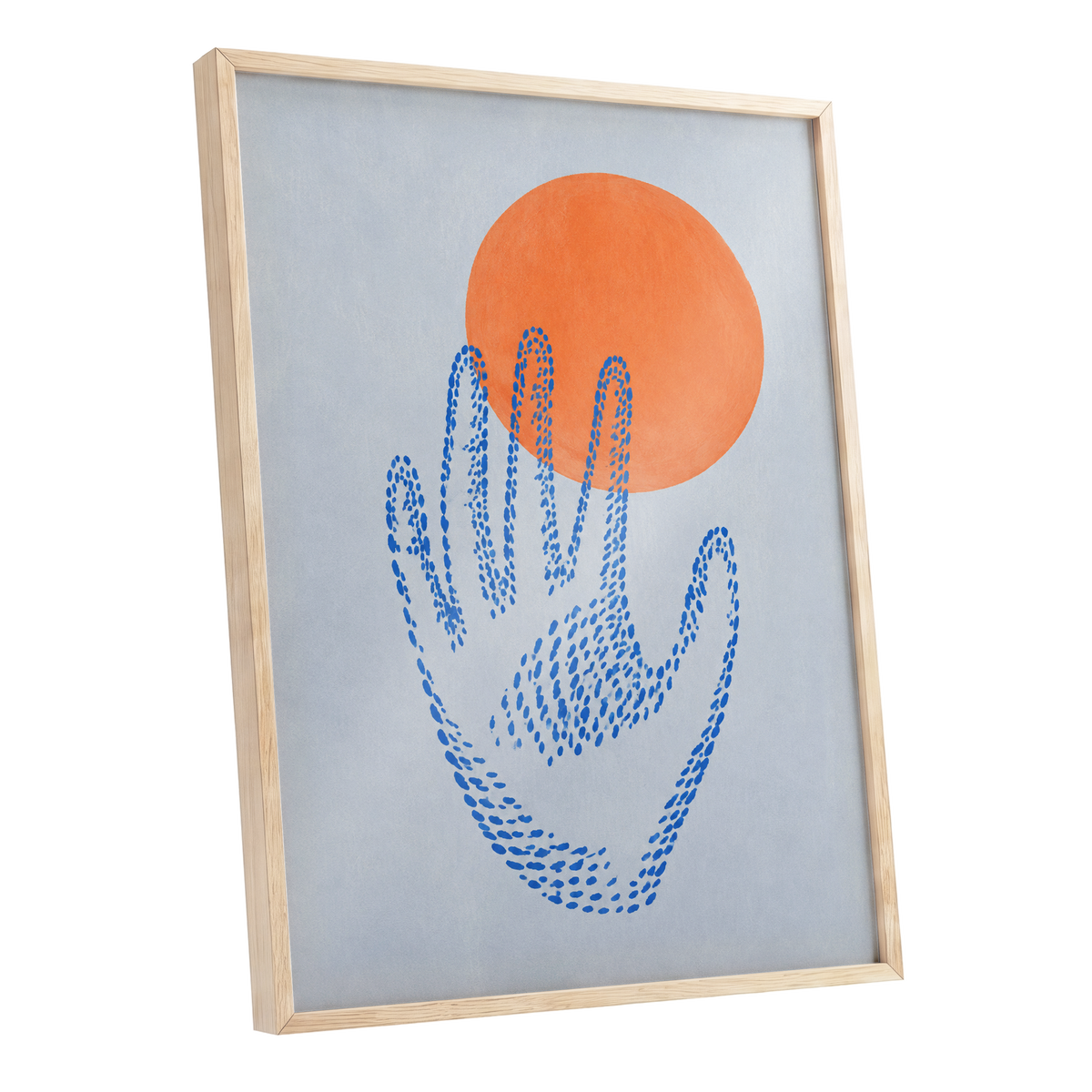 Cobalt Reach, blue, orange, gray minimalist wall art shown as a oak framed poster wall art print