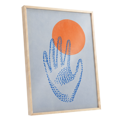 Cobalt Reach, blue, orange, gray minimalist wall art shown as a oak framed poster wall art print