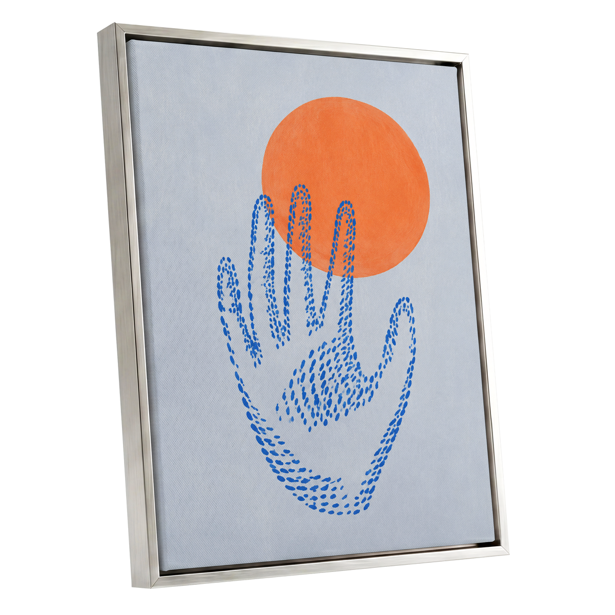 Cobalt Reach, blue, orange, gray minimalist wall art shown as a silver framed canvas wall art