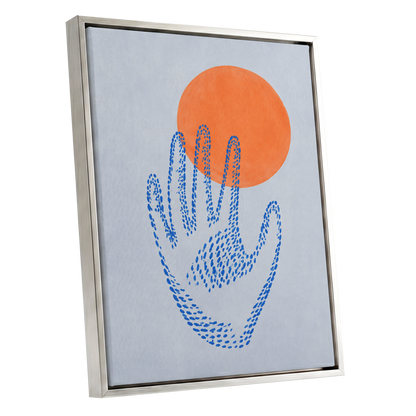 Cobalt Reach, blue, orange, gray minimalist wall art shown as a silver framed canvas wall art