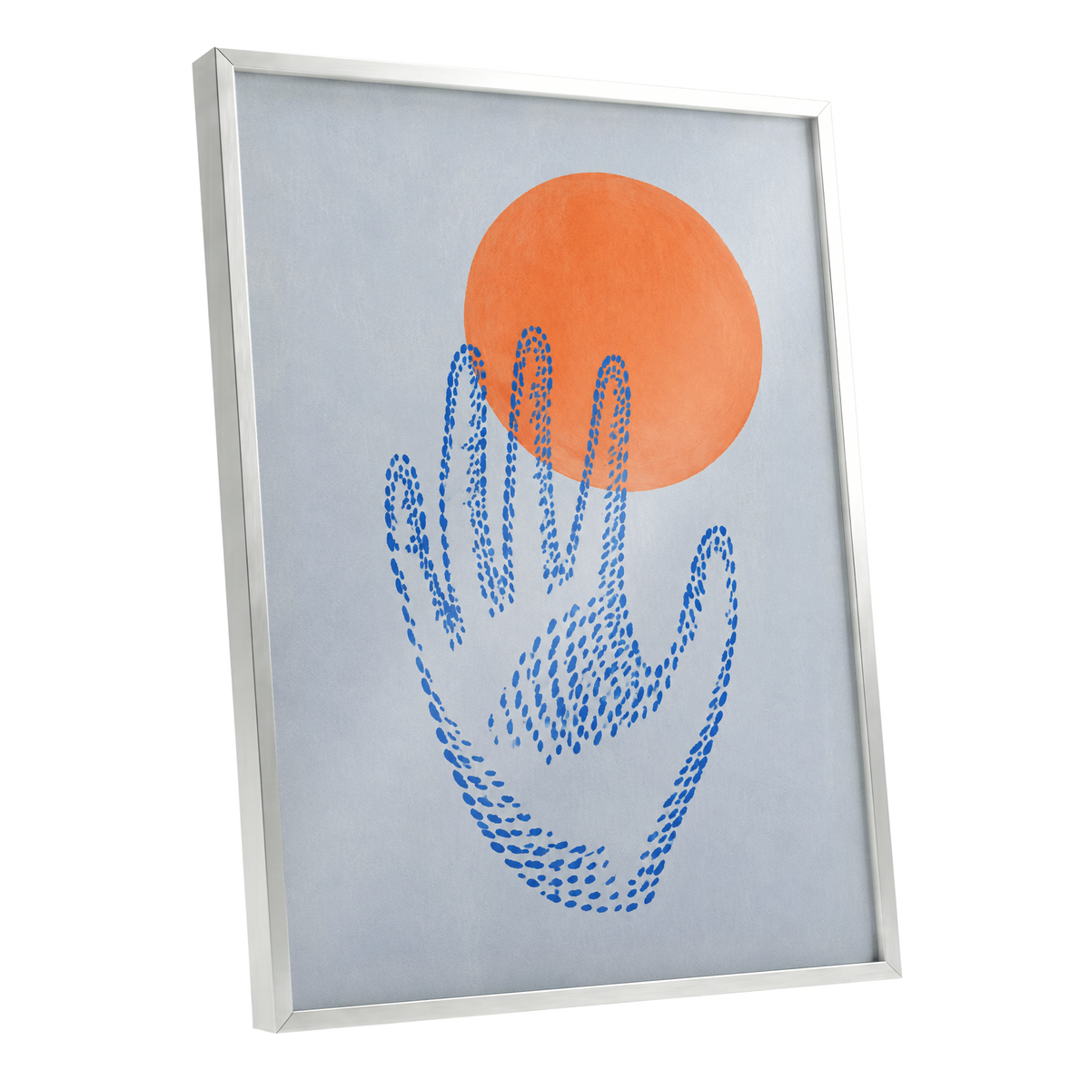 Cobalt Reach, blue, orange, gray minimalist wall art shown as a silver framed poster wall art print