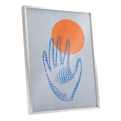 Cobalt Reach, blue, orange, gray minimalist wall art shown as a silver framed poster wall art print