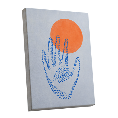 Cobalt Reach, blue, orange, gray minimalist wall art shown as a stretched canvas wall art