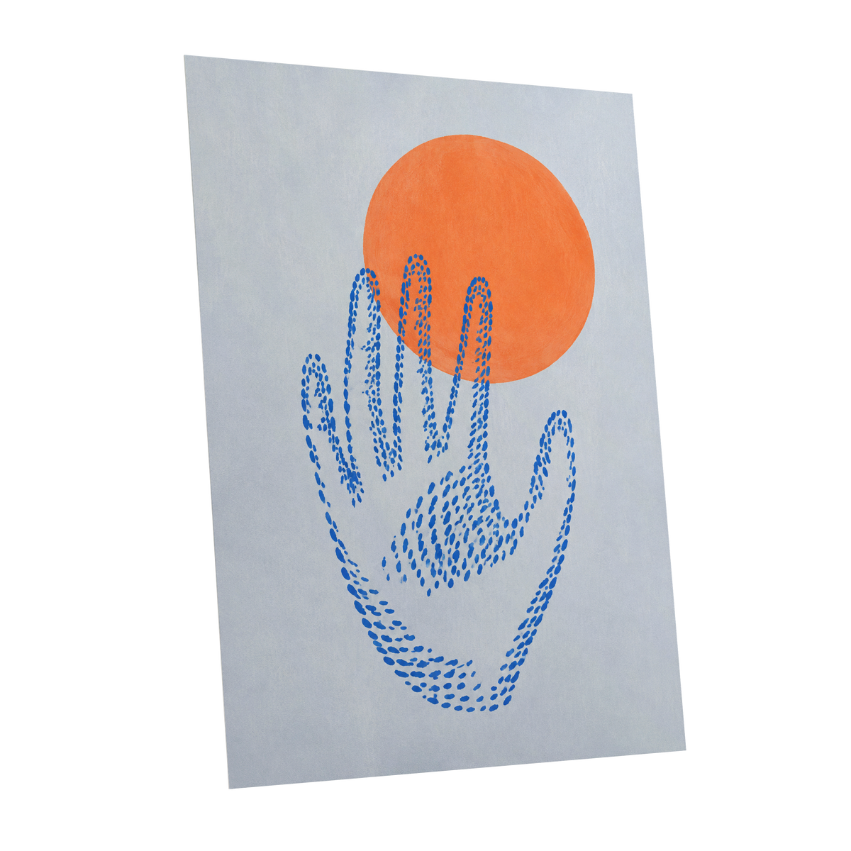 Cobalt Reach, blue, orange, gray minimalist wall art shown as a unframed poster wall art print