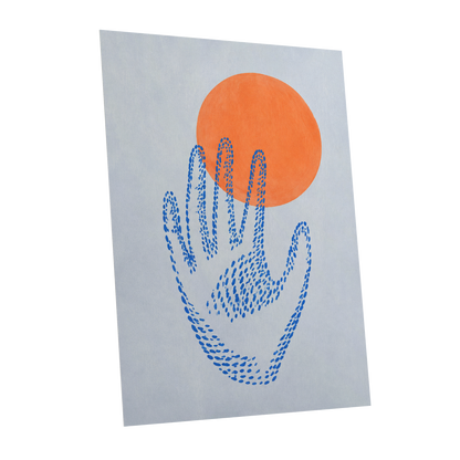 Cobalt Reach, blue, orange, gray minimalist wall art shown as a unframed poster wall art print