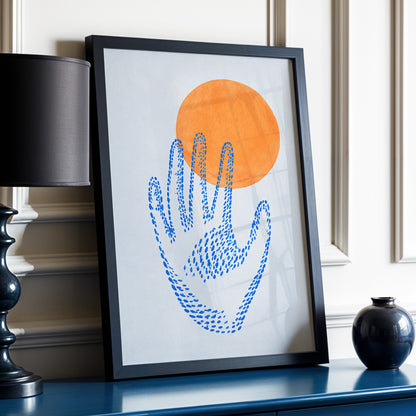 Cobalt Reach, blue, orange, gray minimalist wall art displayed in a styled interior, gallery view 2