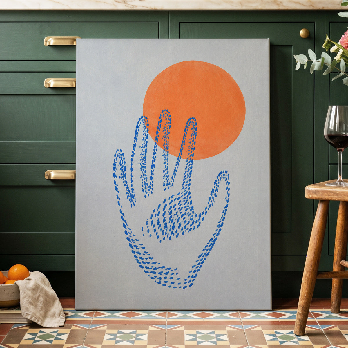 Cobalt Reach, blue, orange, gray minimalist wall art displayed in a styled interior, gallery view 3
