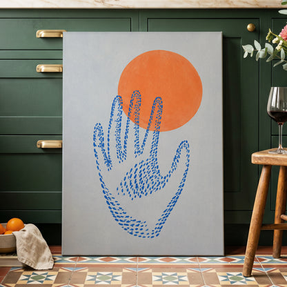 Cobalt Reach, blue, orange, gray minimalist wall art displayed in a styled interior, gallery view 3