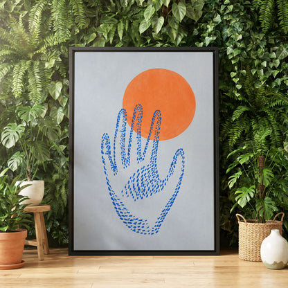Cobalt Reach, blue, orange, gray minimalist wall art displayed in a styled interior, gallery view 4