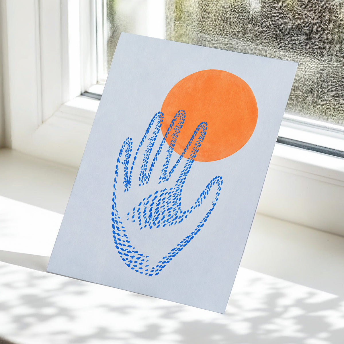 Cobalt Reach, blue, orange, gray minimalist wall art displayed in a styled interior, gallery view 5
