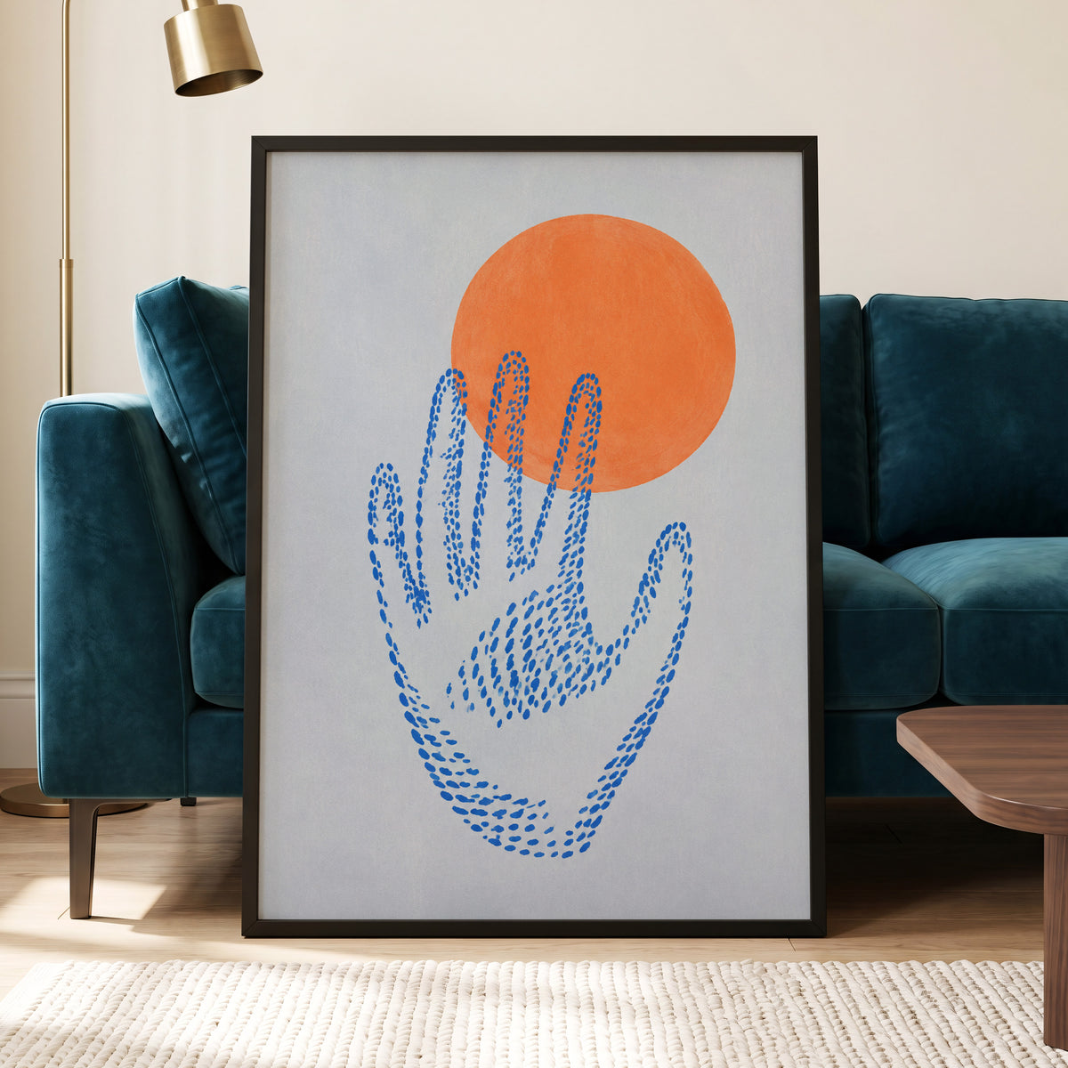 Cobalt Reach, blue, orange, gray minimalist wall art displayed in a styled interior, gallery view 6