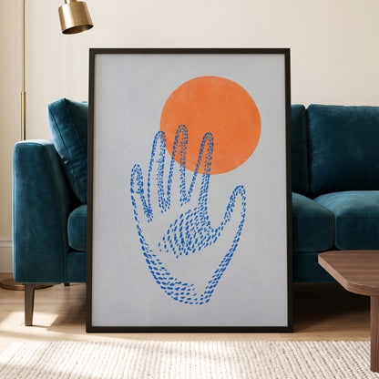 Cobalt Reach, blue, orange, gray minimalist wall art displayed in a styled interior, gallery view 6