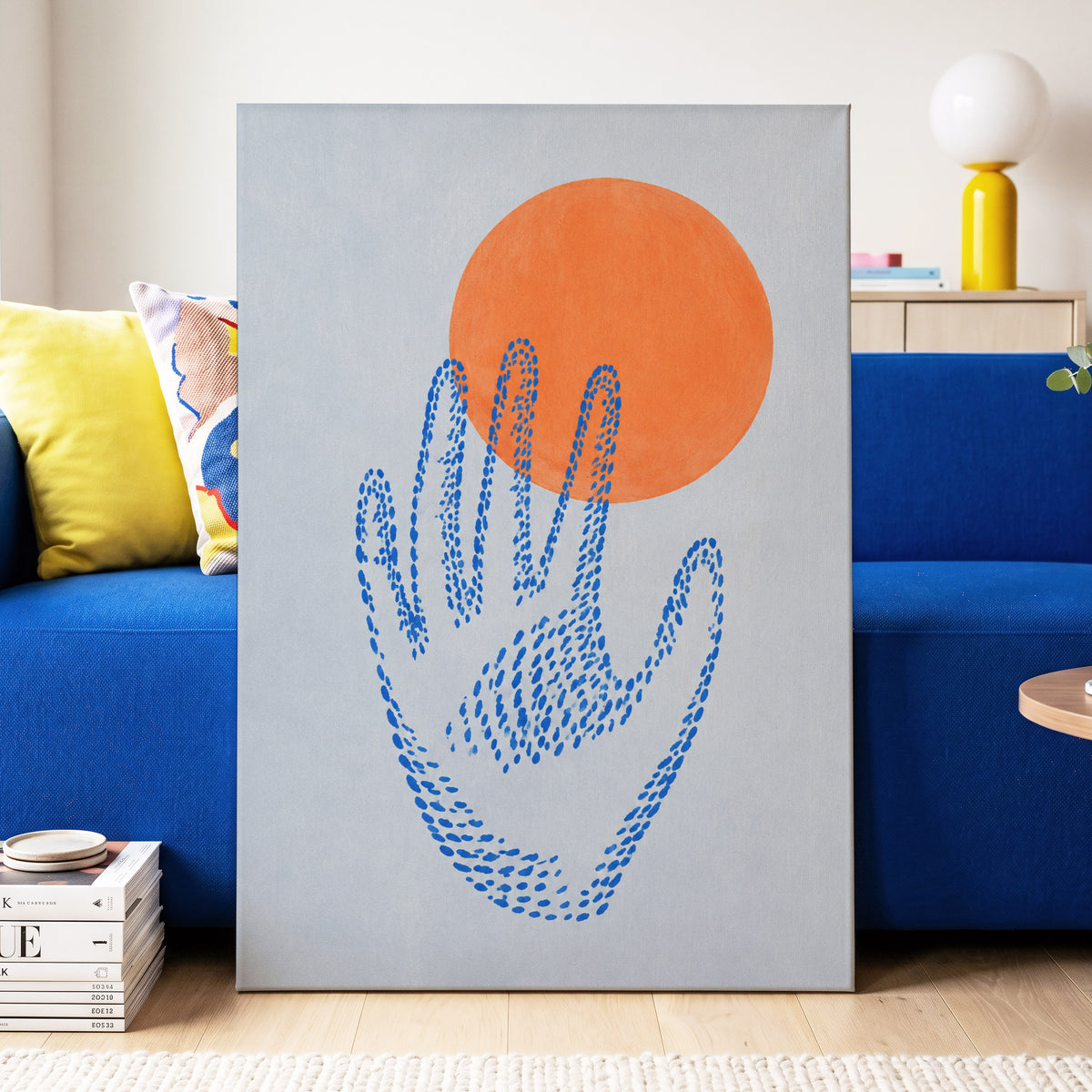 Cobalt Reach, blue, orange, gray minimalist wall art displayed in a styled interior, gallery view 7