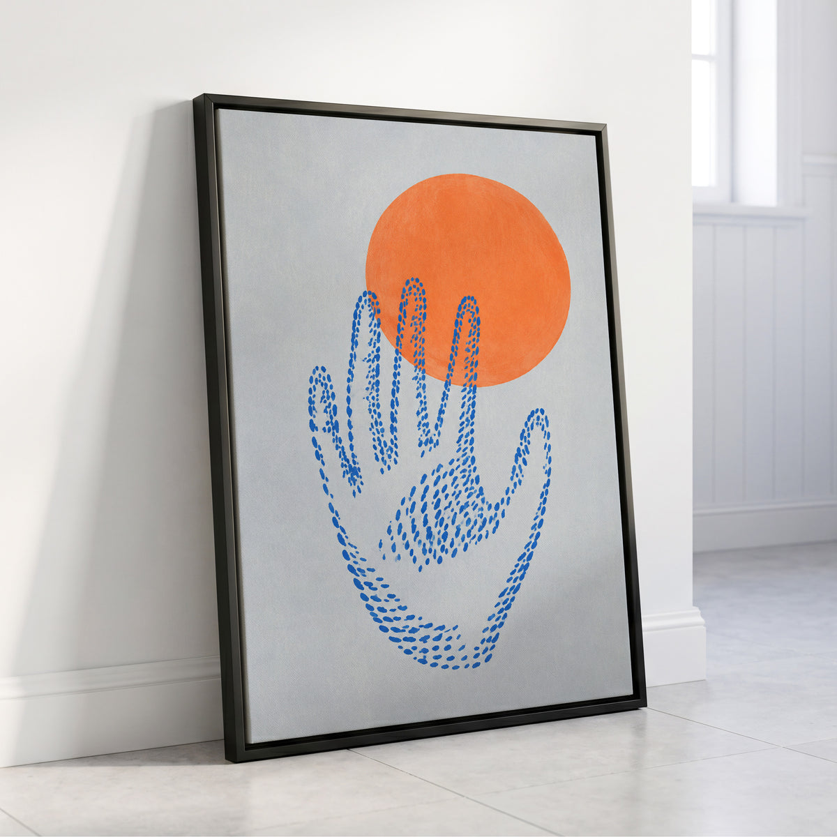 Cobalt Reach, blue, orange, gray minimalist wall art displayed in a styled interior, gallery view 8