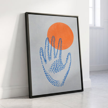 Cobalt Reach, blue, orange, gray minimalist wall art displayed in a styled interior, gallery view 8