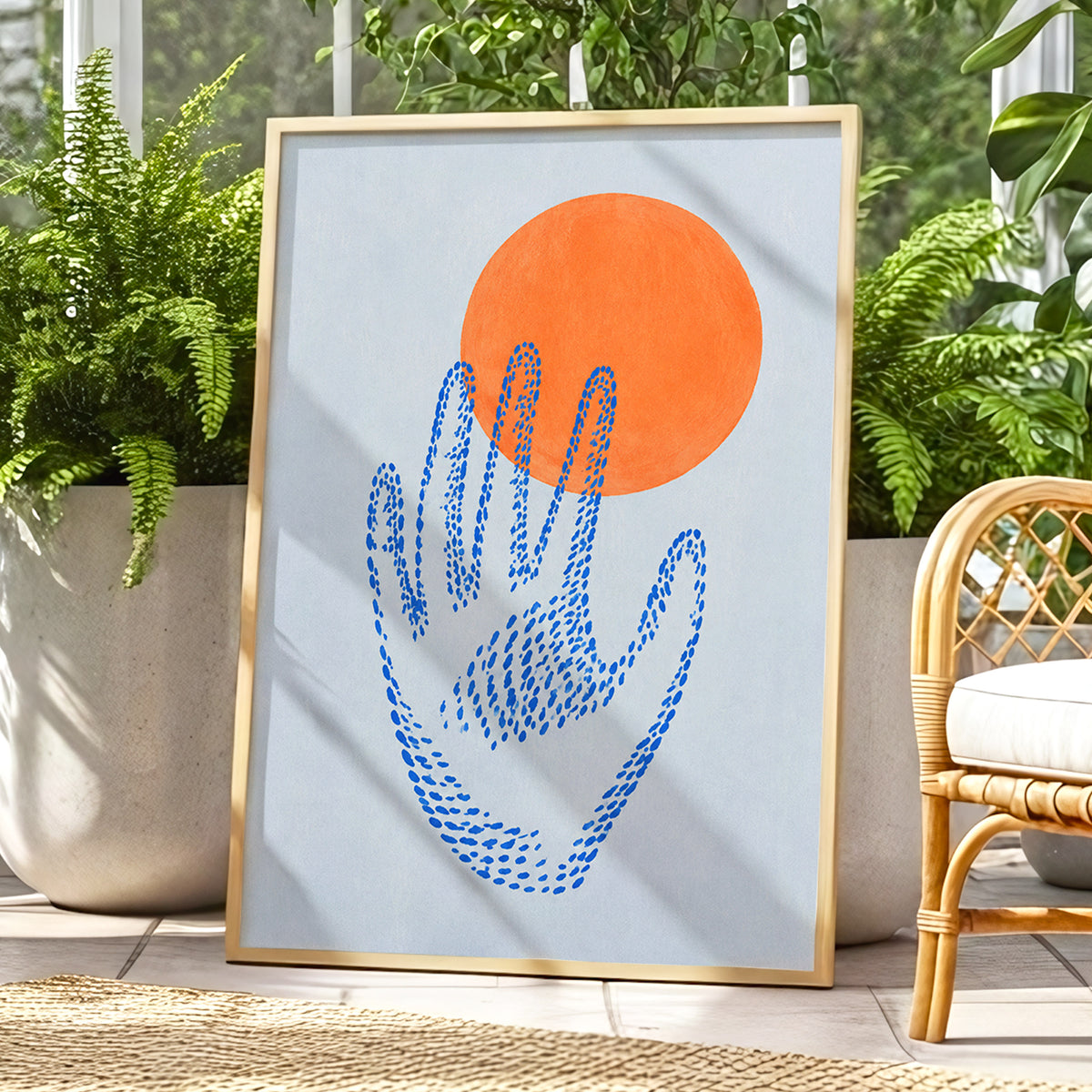 Cobalt Reach, blue, orange, gray minimalist wall art displayed in a styled interior, gallery view 9