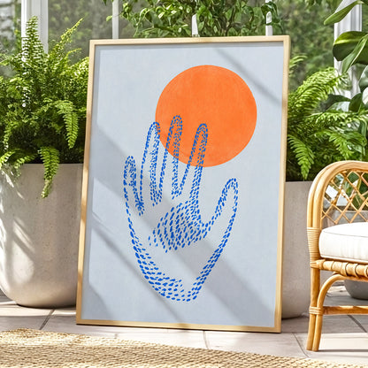 Cobalt Reach, blue, orange, gray minimalist wall art displayed in a styled interior, gallery view 9