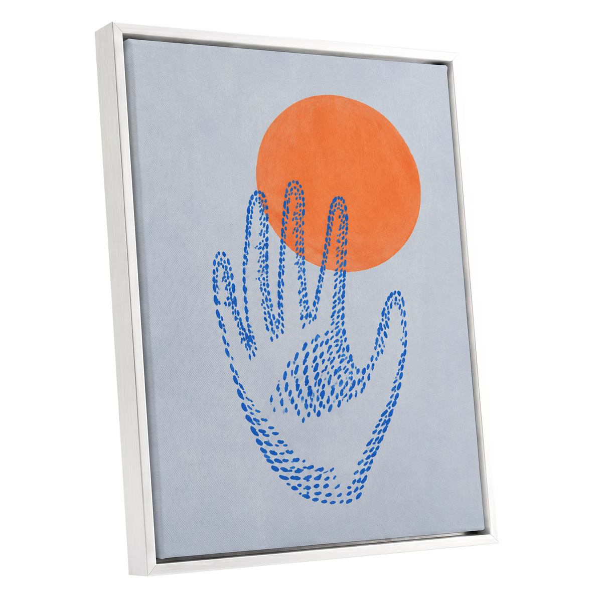 Cobalt Reach, blue, orange, gray minimalist wall art shown as a white framed canvas wall art