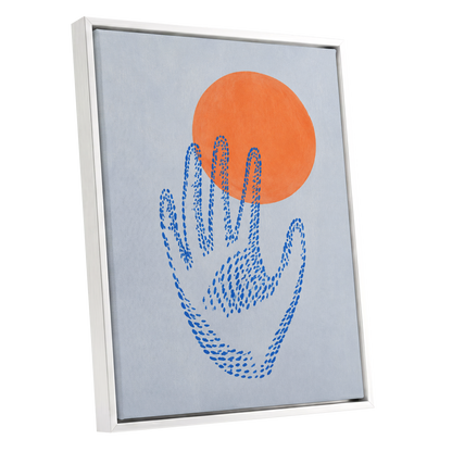 Cobalt Reach, blue, orange, gray minimalist wall art shown as a white framed canvas wall art