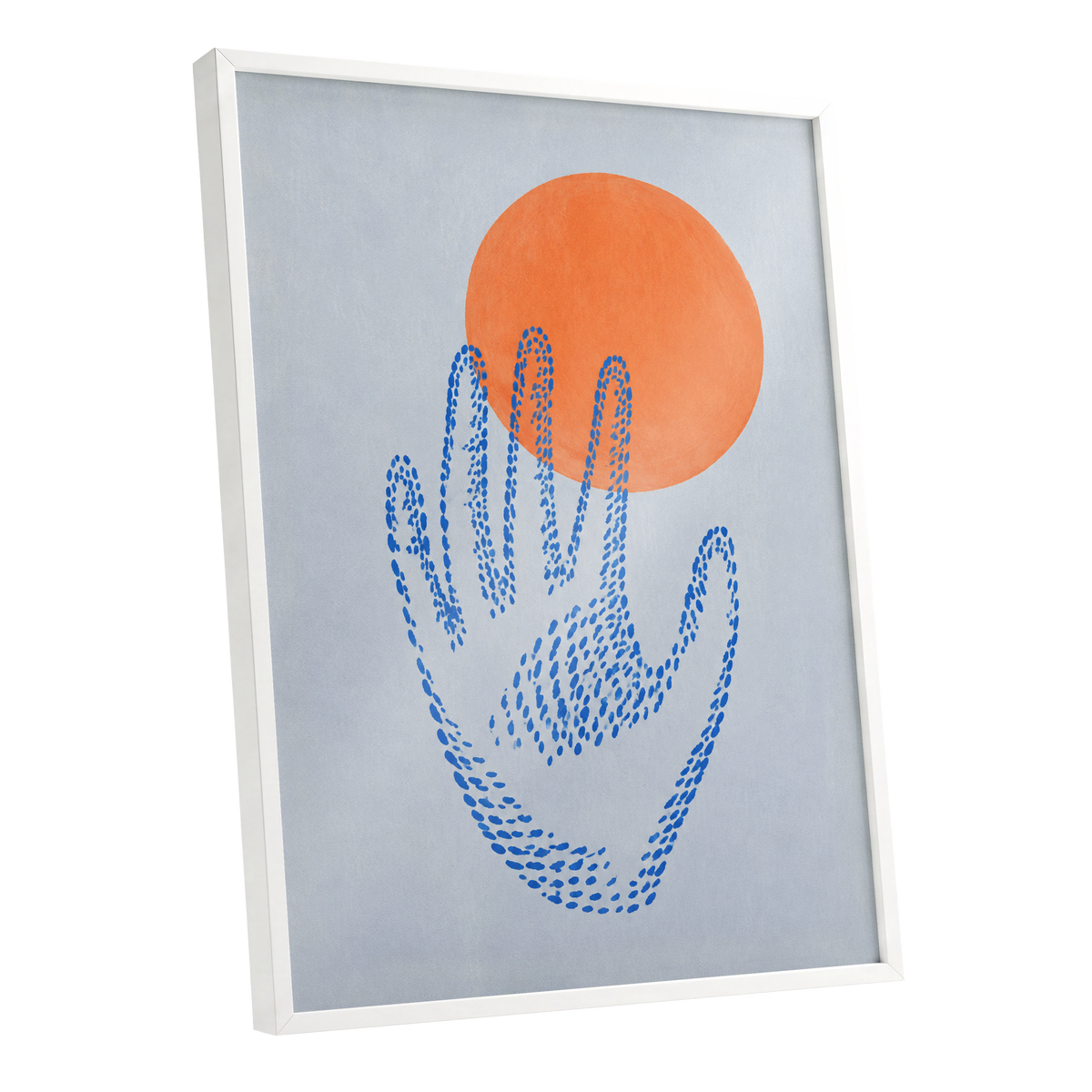 Cobalt Reach, blue, orange, gray minimalist wall art shown as a white framed poster wall art print