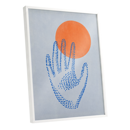 Cobalt Reach, blue, orange, gray minimalist wall art shown as a white framed poster wall art print