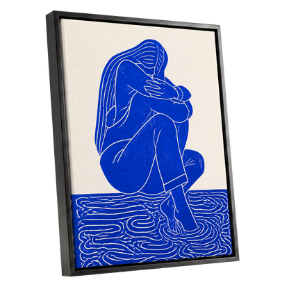 Cobalt Reverie, blue, beige, white minimalist wall art shown as a black framed canvas wall art